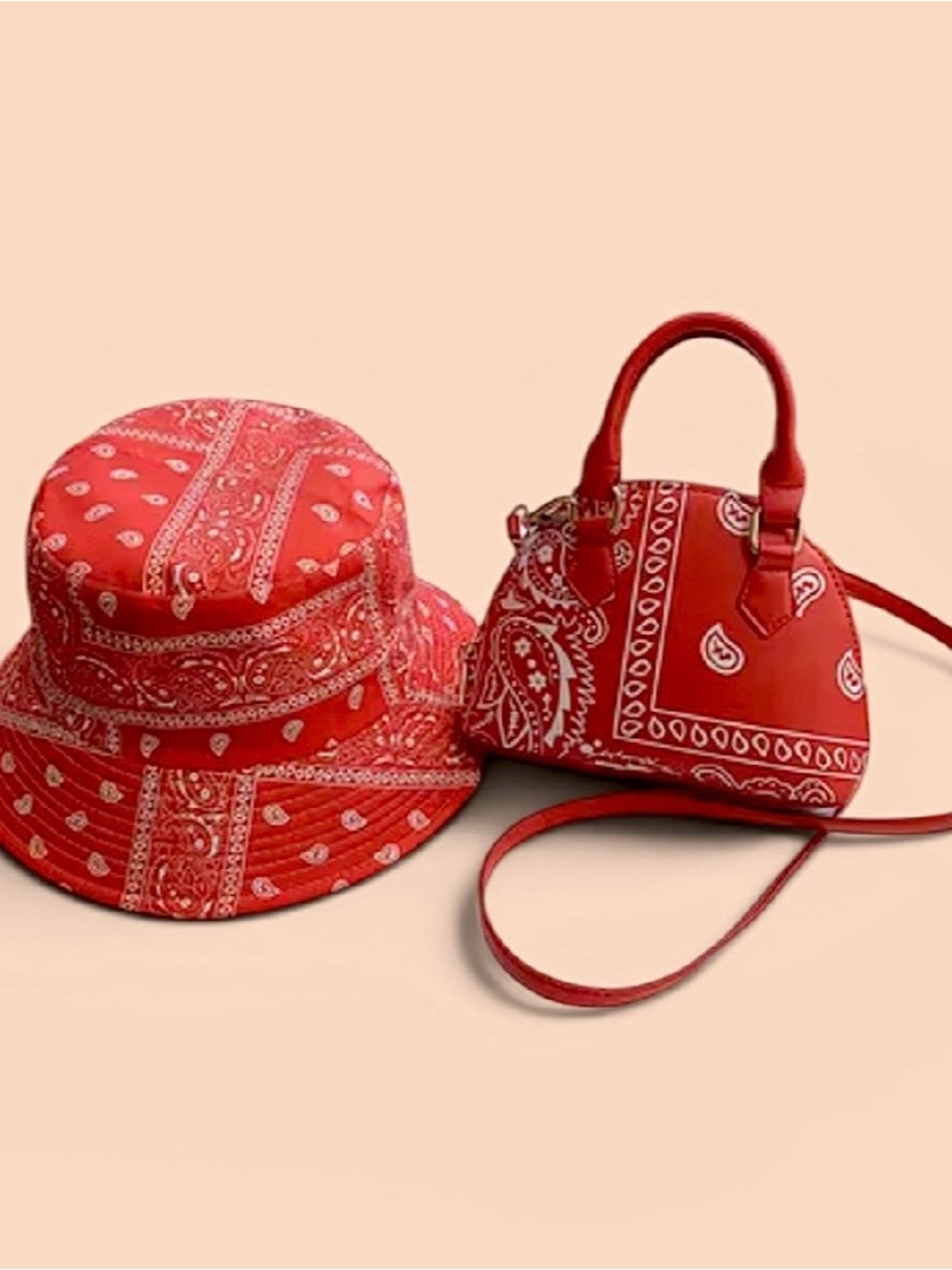 Red Bandana Print Bucket Hat and Crossbody Set